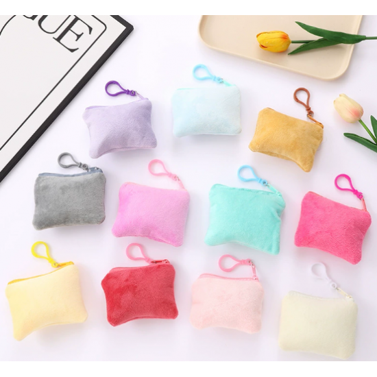 Solid Color Square Mini Plush Coin Purse Student Earphone Case Storage Pouch Hanging Keyring Backpack Accessory Card Holder