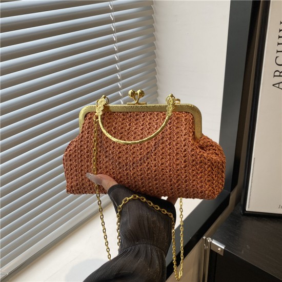 Wholesale fashionable straw woven hollowed-out hand-held small handbags for women, 2025 summer new light luxury single-shoulder bags, chain crossbody bags Wholesale fashionable straw woven hollowed-out hand-held small handbags for women, 2025 summer new light luxury single-shoulder bags, chain crossbody bags