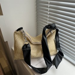Large-capacity women's bags, 2024 summer new styles, fashionable and simple, color-blocking straw woven bucket bags, handbags, and single-shoulder bags