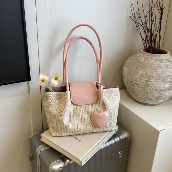 Stylish large-capacity tote bag for the summer of 2025, a new summer fashion color-blocking straw woven single-shoulder bag for seaside travel and beach bags