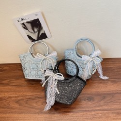 Wholesale French light luxury diamond-encrusted hand-held bucket bags, women's bags, 2025 summer new bow single-shoulder bags, trendy underarm bags