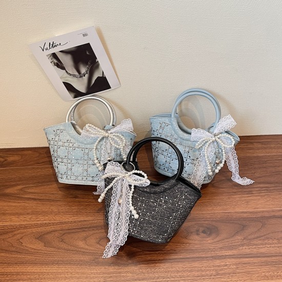 Wholesale French light luxury diamond-encrusted hand-held bucket bags, women's bags, 2025 summer new bow single-shoulder bags, trendy underarm bags Wholesale French light luxury diamond-encrusted hand-held bucket bags, women's bags, 2025 summer new bow single-shoulder bags, trendy underarm bags
