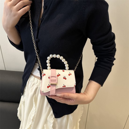 Wholesale fresh and light pearl hand-held small square bags for women, 2025 summer new cherry printed single-shoulder bags and trendy crossbody bags Wholesale fresh and light pearl hand-held small square bags for women, 2025 summer new cherry printed single-shoulder bags and trendy crossbody bags