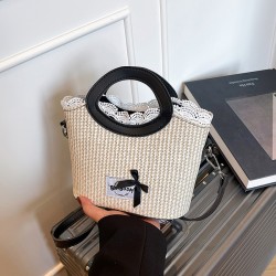 Wholesale Korean version straw woven color-blocking hand-held bucket bags for women, 2025 summer new stylish single-shoulder bags, versatile crossbody bags
