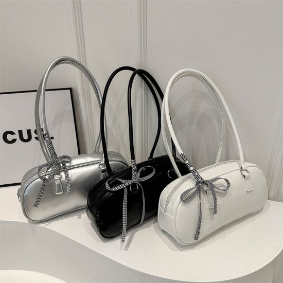 Korean version niche design fashionable handbag for women 2024 summer new solid color bow single shoulder bag baguette trendy