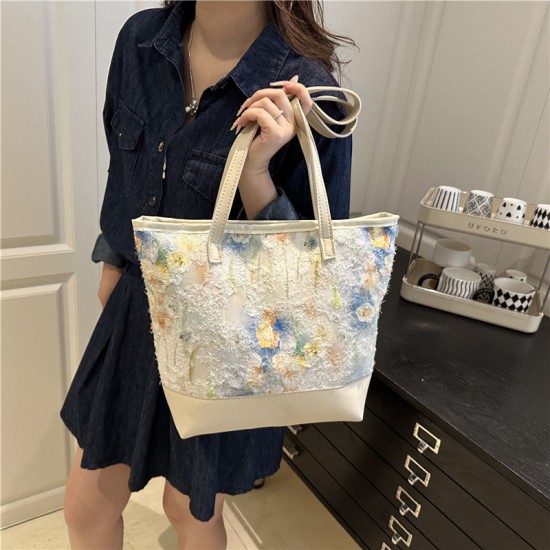 Wholesale oil painting style hand-held tote bags for women, 2025 summer new flower color-blocking single-shoulder bags, large-capacity underarm bags Wholesale oil painting style hand-held tote bags for women, 2025 summer new flower color-blocking single-shoulder bags, large-capacity underarm bags