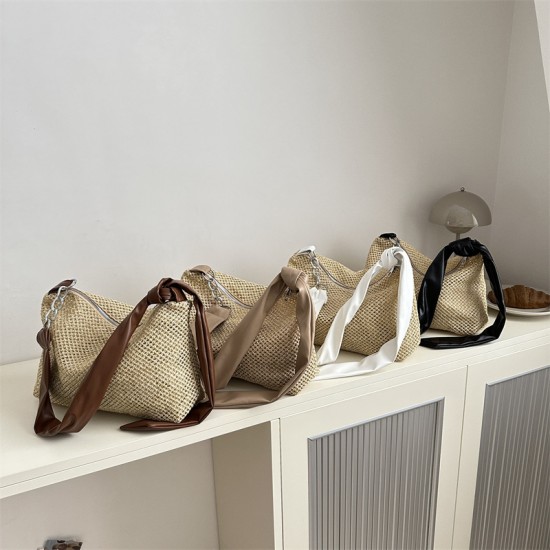 Large-capacity women's bags, 2024 summer new styles, fashionable and simple, color-blocking straw woven bucket bags, handbags, and single-shoulder bags