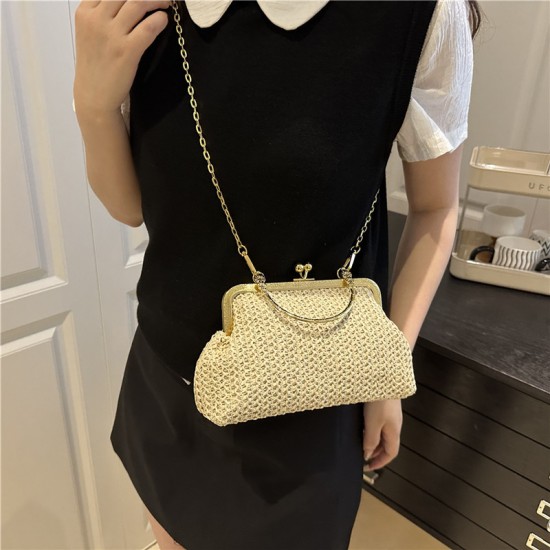 Wholesale fashionable straw woven hollowed-out hand-held small handbags for women, 2025 summer new light luxury single-shoulder bags, chain crossbody bags Wholesale fashionable straw woven hollowed-out hand-held small handbags for women, 2025 summer new light luxury single-shoulder bags, chain crossbody bags