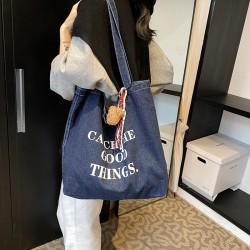 Casual and fashionable denim tote bag 2024 autumn/Winter new retro niche letter single-shoulder bag and simple underarm bag