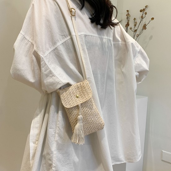 Sweet style Japanese and South Korean travel mobile phone bag 2024 Summer new fringed crossbody bag straw woven cross-border women's bag wholesale Sweet style Japanese and South Korean travel mobile phone bag 2024 Summer new fringed crossbody bag straw woven cross-border women's bag wholesale