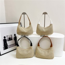 Wholesale fashionable straw woven hand-held crescent moon bags for women, 2025 spring new color-blocking single-shoulder bags, trendy and trendy underarm bags