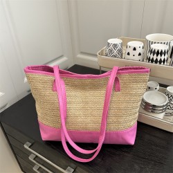 Wholesale fashionable color-blocking straw woven hand-held tote bags for women, 2025 summer new large-capacity single-shoulder bags, trendy underarm bags