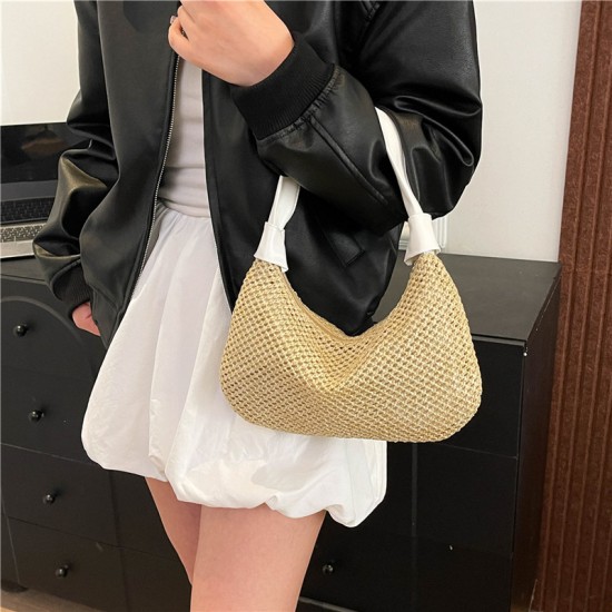 Wholesale fashionable straw woven hand-held crescent moon bags for women, 2025 spring new color-blocking single-shoulder bags, trendy and trendy underarm bags Wholesale fashionable straw woven hand-held crescent moon bags for women, 2025 spring new color-blocking single-shoulder bags, trendy and trendy underarm bags