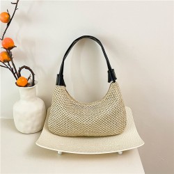 Wholesale fashionable straw woven hand-held crescent moon bags for women, 2025 spring new color-blocking single-shoulder bags, trendy and trendy underarm bags