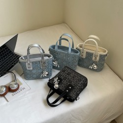 Wholesale niche light luxury diamond-encrusted hand-held bucket bags for women, 2025 summer new color-blocking single-shoulder bags, versatile crossbody bags