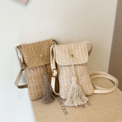 Sweet style Japanese and South Korean travel mobile phone bag 2024 Summer new fringed crossbody bag straw woven cross-border women's bag wholesale