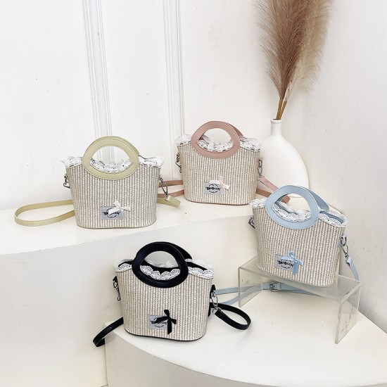 Wholesale Korean version straw woven color-blocking hand-held bucket bags for women, 2025 summer new stylish single-shoulder bags, versatile crossbody bags Wholesale Korean version straw woven color-blocking hand-held bucket bags for women, 2025 summer new stylish single-shoulder bags, versatile crossbody bags