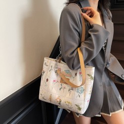 Large-capacity women's bags, 2025 summer new high-end style canvas printed tote bags, commuter single-shoulder handbags