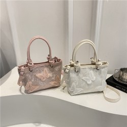Wholesale new Chinese-style butterfly embroidered hand-held bucket bags, women's bags, 2025 summer new fashion single-shoulder bags and trendy crossbody bags