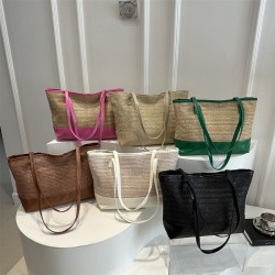 Wholesale fashionable color-blocking straw woven hand-held tote bags for women, 2025 summer new large-capacity single-shoulder bags, trendy underarm bags
