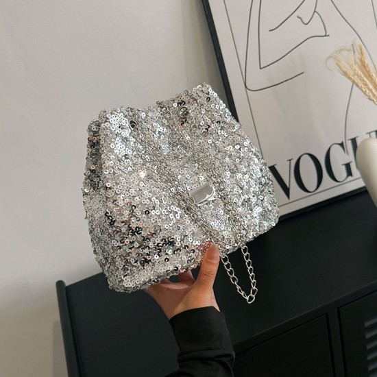Cross-border popular women's bags 2023 new summer sequined chain bucket bags, niche quality single-shoulder crossbody bags