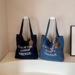 Casual and fashionable denim tote bag 2024 autumn/Winter new retro niche letter single-shoulder bag and simple underarm bag