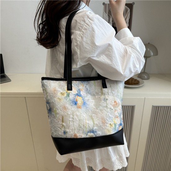 Wholesale oil painting style hand-held tote bags for women, 2025 summer new flower color-blocking single-shoulder bags, large-capacity underarm bags Wholesale oil painting style hand-held tote bags for women, 2025 summer new flower color-blocking single-shoulder bags, large-capacity underarm bags