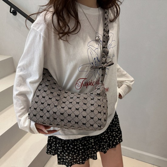 Wholesale of niche pleated hand-held small bags for women in summer 2025, new checkered bow single-shoulder bags and trendy crossbody bags Wholesale of niche pleated hand-held small bags for women in summer 2025, new checkered bow single-shoulder bags and trendy crossbody bags