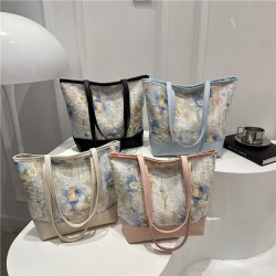 Wholesale oil painting style hand-held tote bags for women, 2025 summer new flower color-blocking single-shoulder bags, large-capacity underarm bags